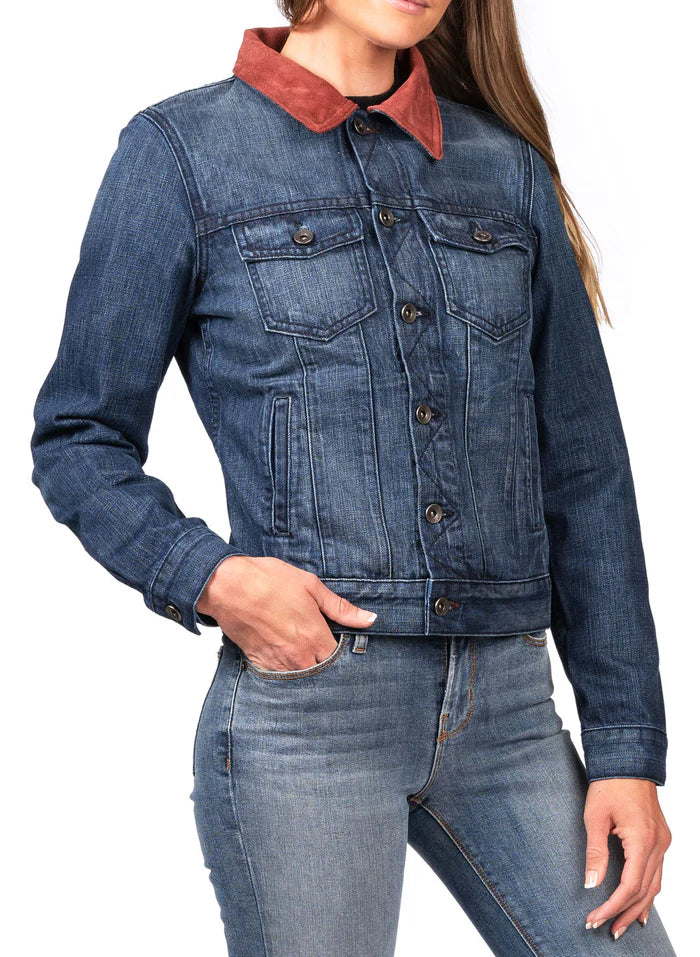 DENIM & BURGUNDY SUEDE JACKET (DEEP OCEAN) NAVY STITCH