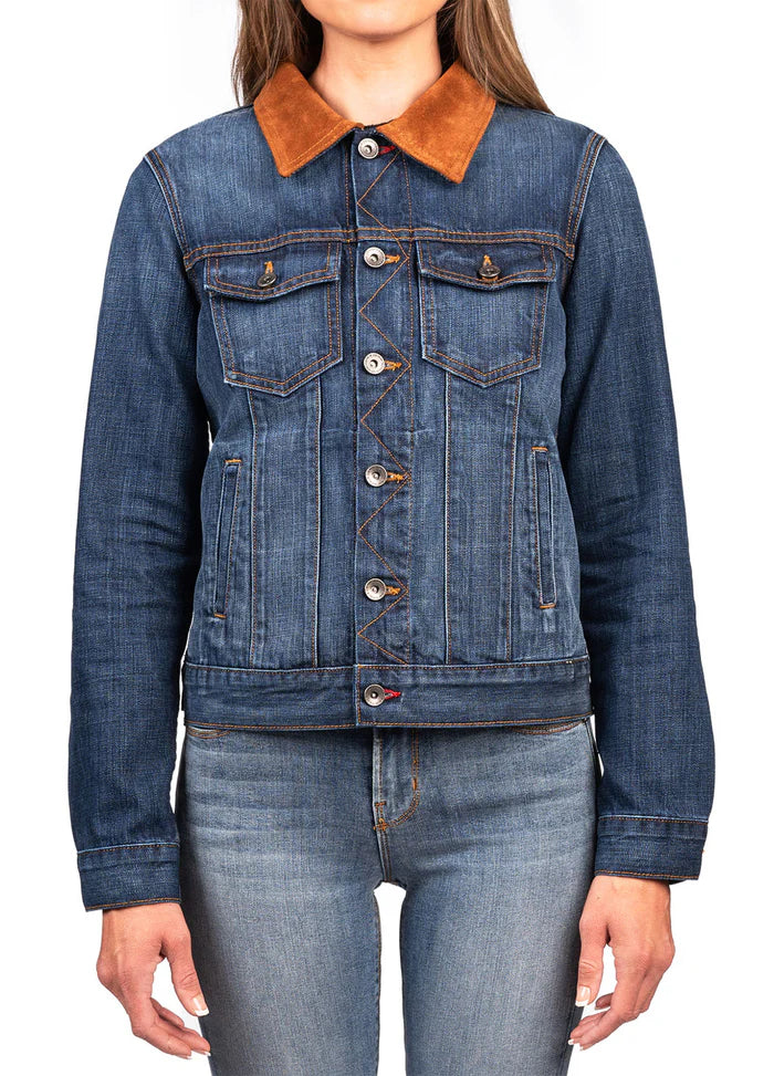 DENIM & BROWN SUEDE JACKET (DEEP OCEAN) GOLD-BROWN STITCH