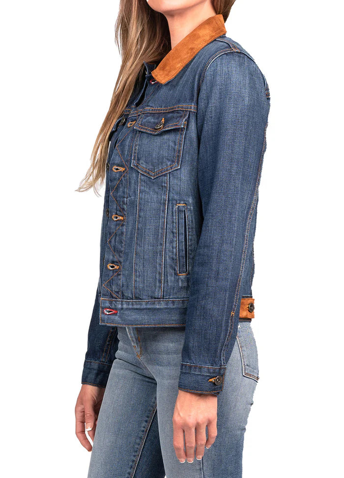 DENIM & BROWN SUEDE JACKET (DEEP OCEAN) GOLD-BROWN STITCH