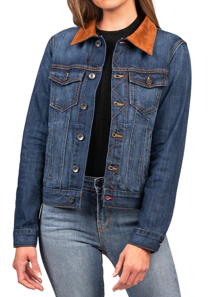 DENIM & BROWN SUEDE JACKET (DEEP OCEAN) GOLD-BROWN STITCH