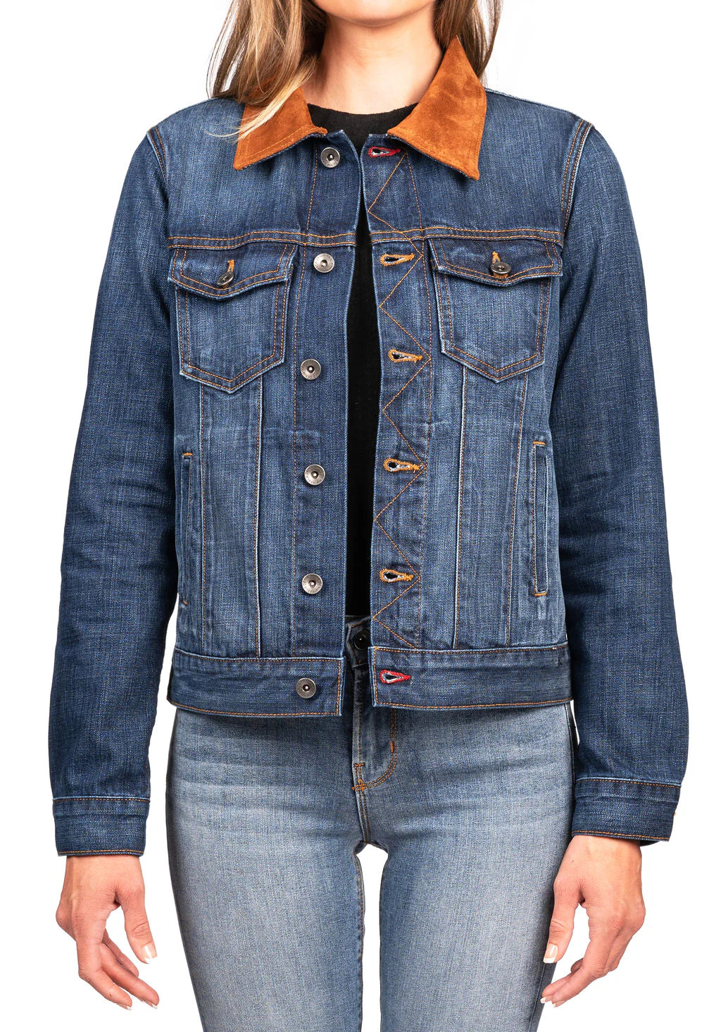 DENIM & BROWN SUEDE JACKET (DEEP OCEAN) GOLD-BROWN STITCH