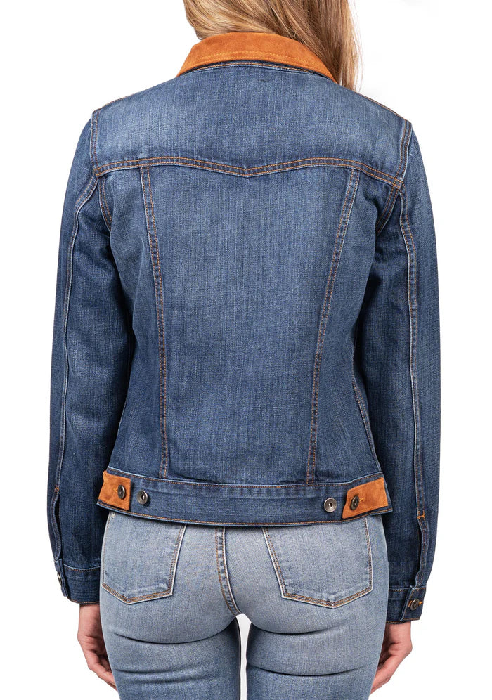 DENIM & BROWN SUEDE JACKET (DEEP OCEAN) GOLD-BROWN STITCH
