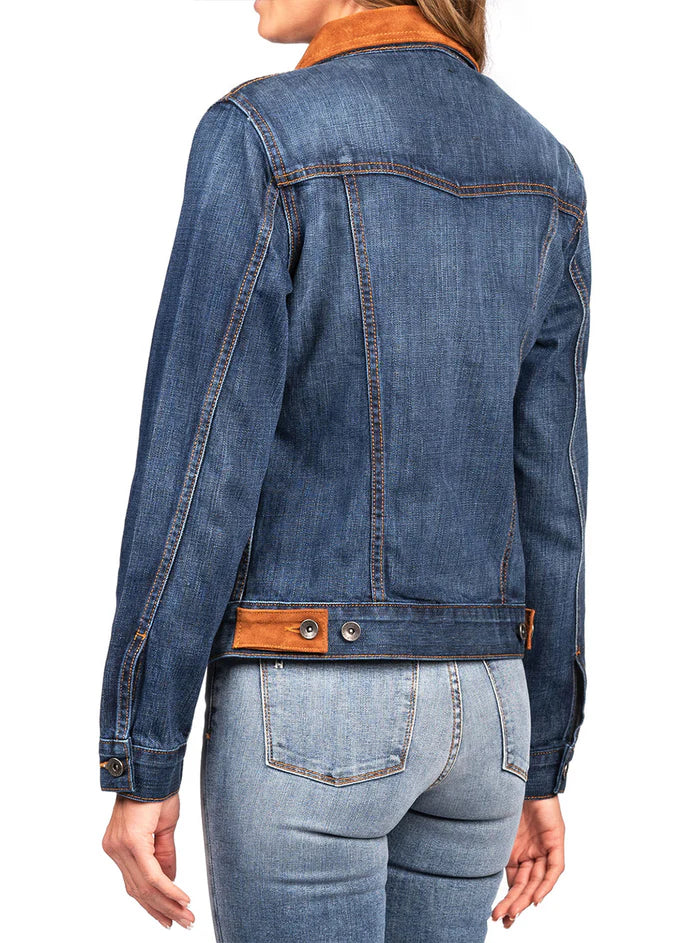 DENIM & BROWN SUEDE JACKET (DEEP OCEAN) GOLD-BROWN STITCH