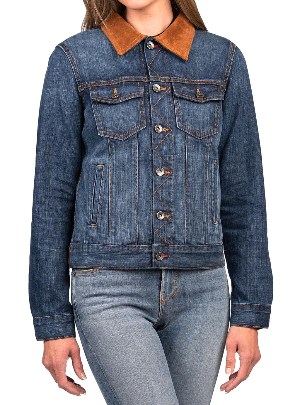 DENIM & BROWN SUEDE JACKET (DEEP OCEAN) GOLD-BROWN STITCH