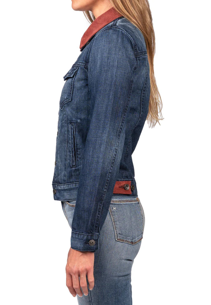 DENIM & BURGUNDY SUEDE JACKET (DEEP OCEAN) NAVY STITCH