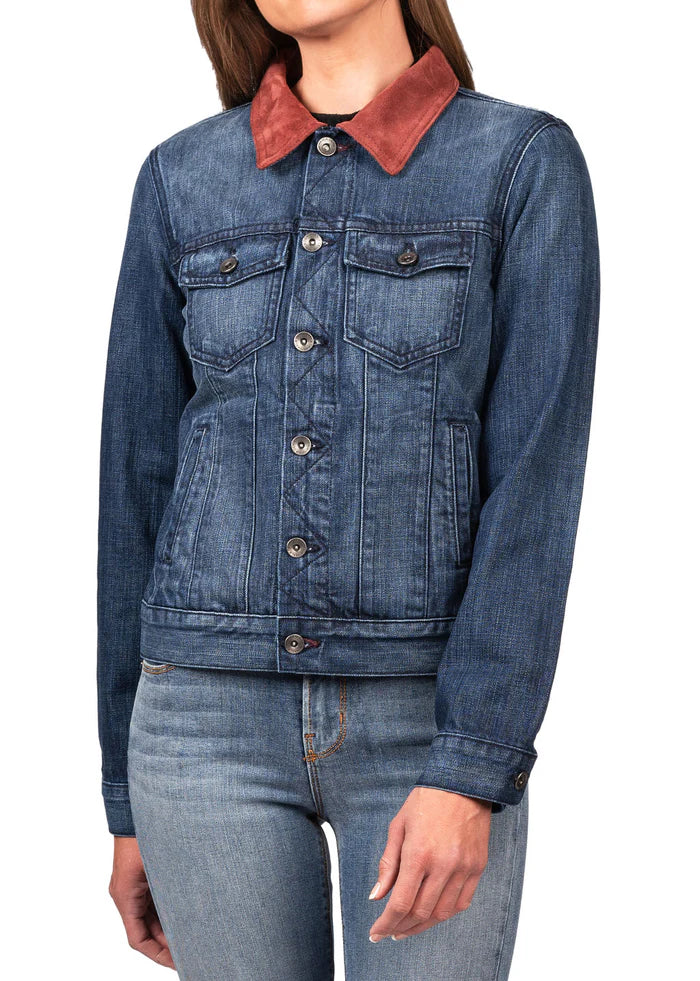 DENIM & BURGUNDY SUEDE JACKET (DEEP OCEAN) NAVY STITCH