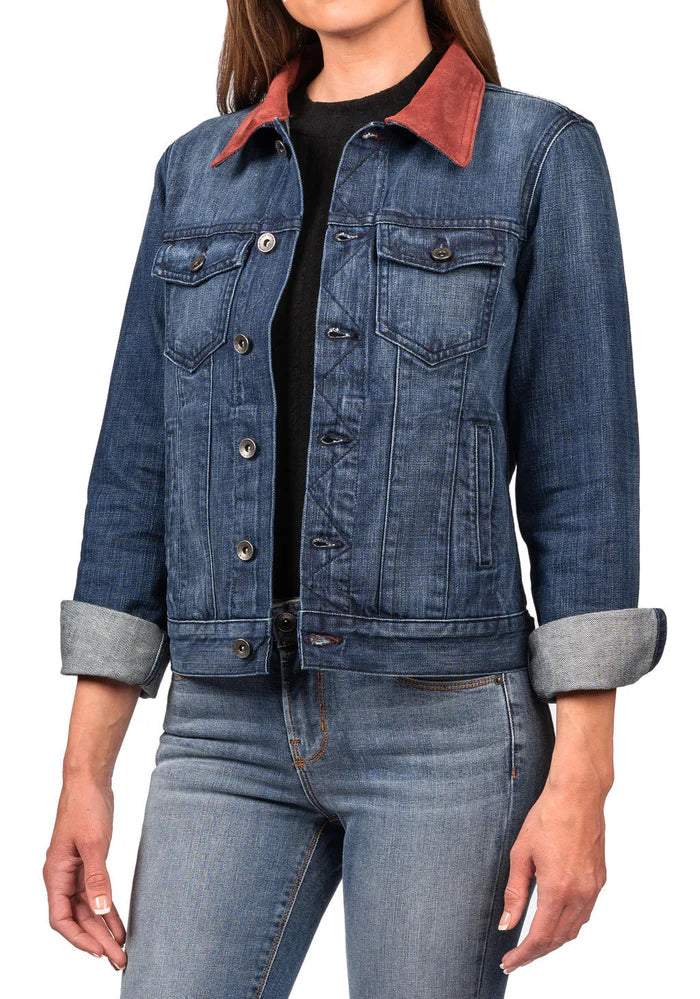 DENIM & BURGUNDY SUEDE JACKET (DEEP OCEAN) NAVY STITCH