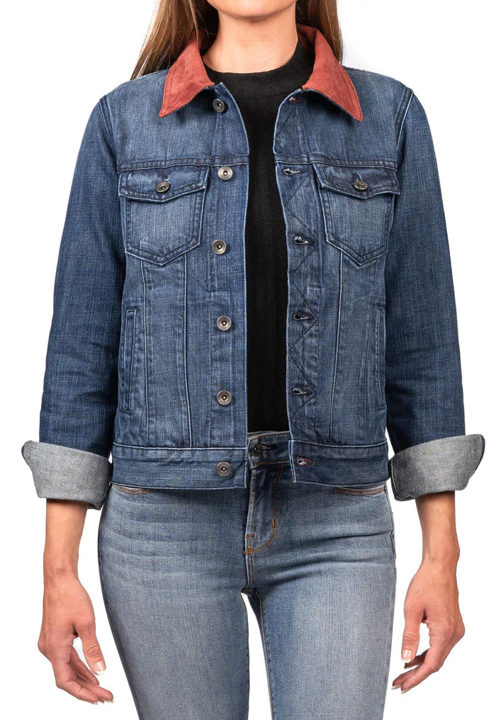 DENIM & BURGUNDY SUEDE JACKET (DEEP OCEAN) NAVY STITCH