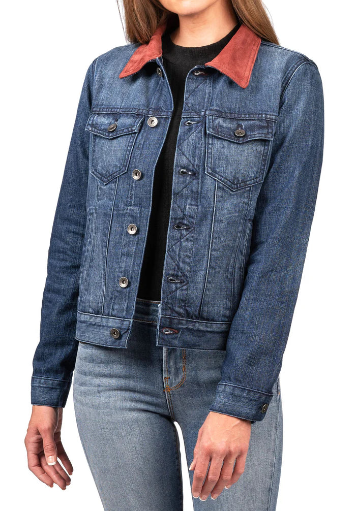 DENIM & BURGUNDY SUEDE JACKET (DEEP OCEAN) NAVY STITCH