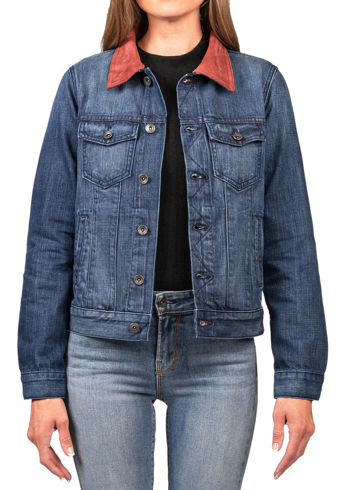 DENIM & BURGUNDY SUEDE JACKET (DEEP OCEAN) NAVY STITCH