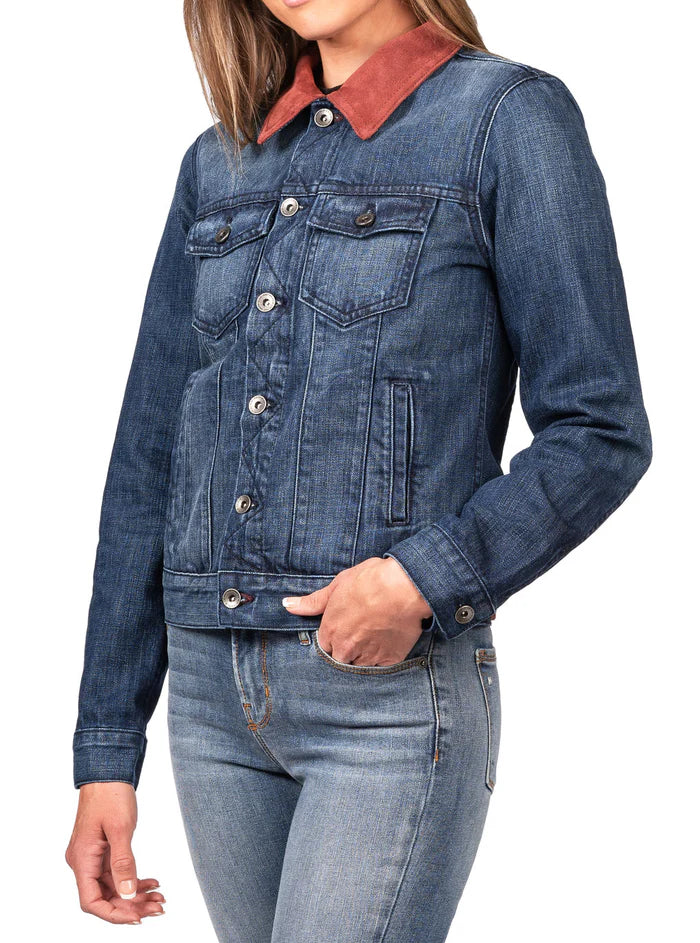 DENIM & BURGUNDY SUEDE JACKET (DEEP OCEAN) NAVY STITCH