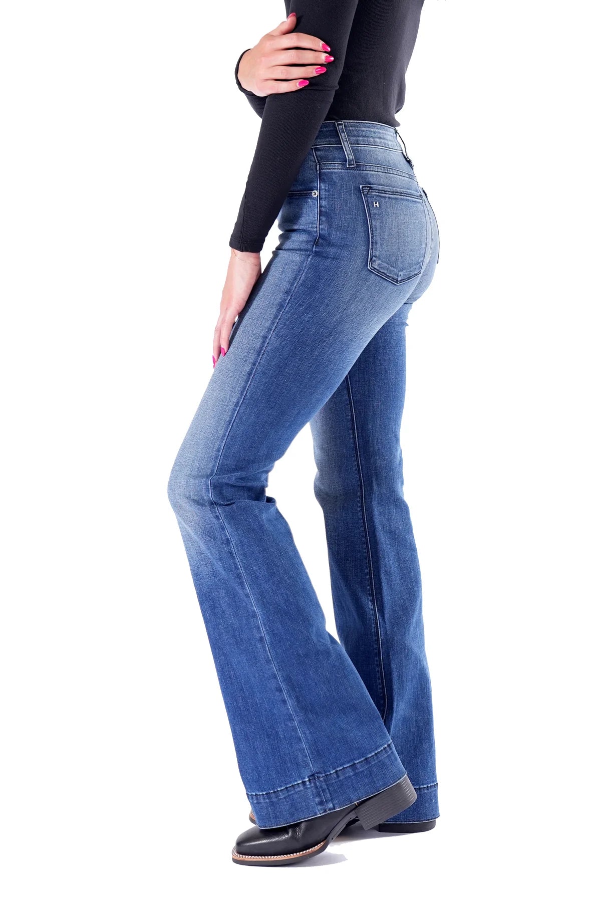 BELLA : TROUSER FLARE (INDIGO STONE) BLACK STITCH